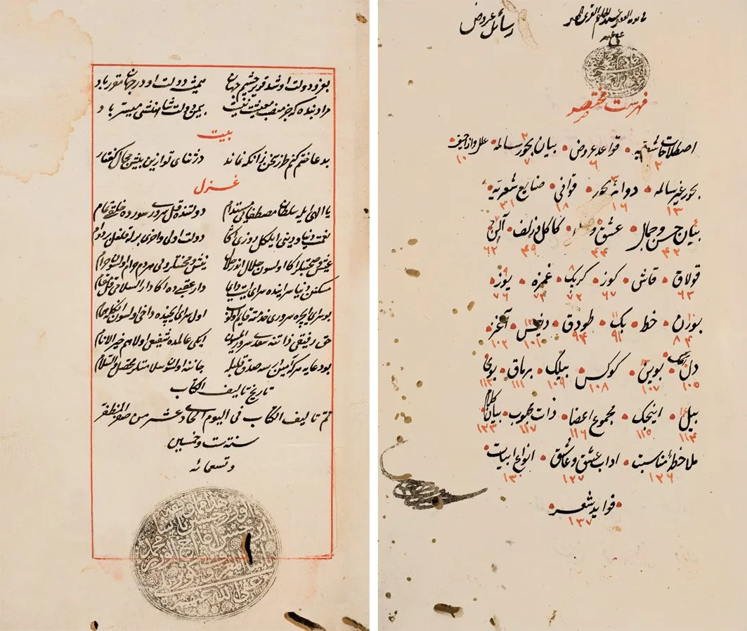 Two pages from Muslihuddin Mustafa Sürûrî's work Bahrü'l-maârif (Süleymaniye Library, Amcazâde Hüseyin Paşa, no. 455, vr. 1 a , 142 a )